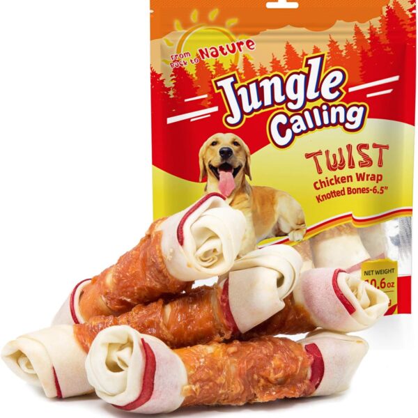Jungle Calling Chicken Wrap Knotted Bones Dog Chews, Long Lasting Beefhide Treats Real Rawhide Bones for Large Dogs Edible Training Treats