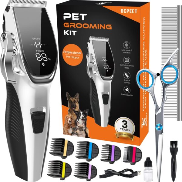 Dog Grooming Kit Low Noise,Cordless 4 in 1 Dog Clippers for Grooming Rechargeable Pet Cat Hair Trimmer with 2 Speed,6 Guards,Scissors,Comb for Small Medium Large Pets Dogs Cats Thick Hair Sliver