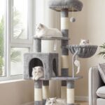 Heybly Cat Tree with Toy, Cat Tower Condo for Indoor Cats, Cat House with Padded Plush Perch, Cozy Hammock and Sisal Scratching Posts, Light Gray HCT004SW