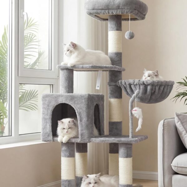 Heybly Cat Tree with Toy, Cat Tower Condo for Indoor Cats, Cat House with Padded Plush Perch, Cozy Hammock and Sisal Scratching Posts, Light Gray HCT004SW