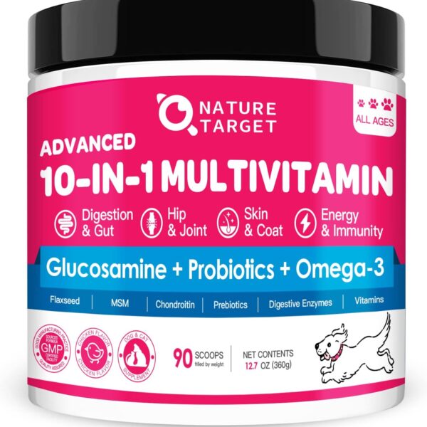 NATURE TARGET Dog Vitamins Powder, Probiotics & Digestive Enzymes for Gut Health, Glucosamine & Chondroitin & Omega 3, Complete Supplement for Homemade Dog Food, Joint & Skin & Immune Support