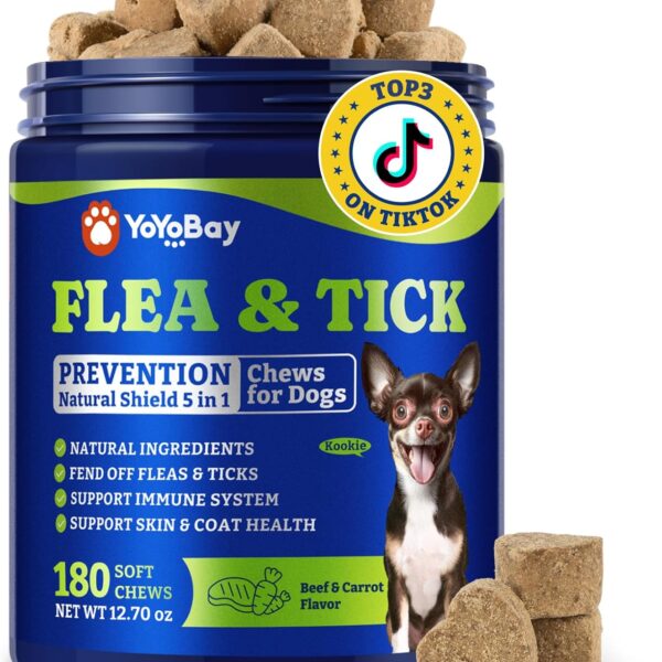 Flea & Tick Prevention for Dogs Chewables, Natural Dog Flea and Tick Control Treatment, Oral Flea Pills, Dogs Supplement, Natural Shield 5-in-1 Protection, Beef & Carrot Flavor, 180 Soft Chews