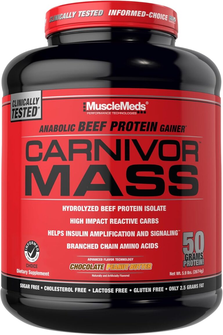 MuscleMeds CARNIVOR Mass Gainer Beef Protein Isolate Shake, 50 Grams Protein, 125 Grams Carbs, 0 Fat, 0 Sugar, Lactose Free, Halal Certified, Chocolate Peanut Butter, 6 Pound