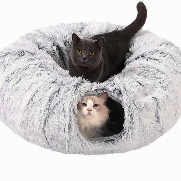 CLKHOWL Cat Tunnel Bed for Indoor Cats - Cute Cat Donut Tunnel with Washable Circle Cushion, Round Pet Play Toy for Kitten/Puppy/Rabbit, Grey