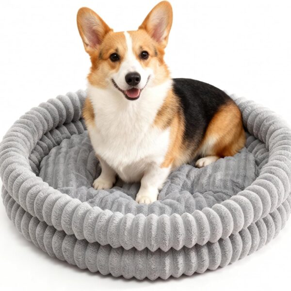 Dog Bed Medium Size Dog, Machine Washable Orthopedic Donut Cat Beds for Indoor Cats, Fluffy Round Pet Bed with Anti-Slip Bottom for Puppy and Kitten, Gray, 28"x28"x5"