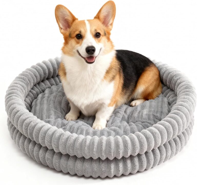 Dog Bed Medium Size Dog, Machine Washable Orthopedic Donut Cat Beds for Indoor Cats, Fluffy Round Pet Bed with Anti-Slip Bottom for Puppy and Kitten, Gray, 28"x28"x5"