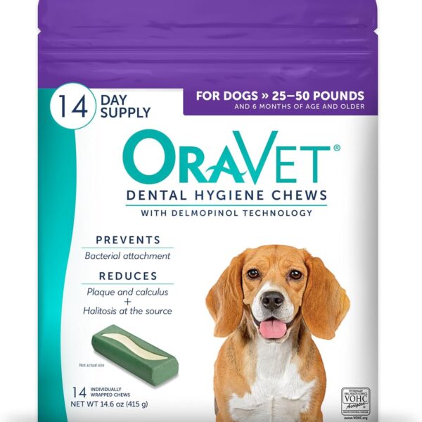 ORAVET Dental Chews for Dogs, Oral Care and Hygiene Chews (Medium Dogs, 25-50 lbs.) Purple Pouch, 14 Count