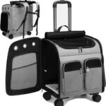 Wheeled Pet Carrier Backpack Pet Stroller, Travel Carrier, Car Seat for Small Dogs Cats Puppies, Comfort Cat Backpack Removable Rolling Wheels  Mesh Ventilation Windows (Large Grey)