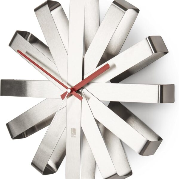 Umbra Ribbon 12-Inch Metal Wall Clock, Battery-Operated Silent Quartz Movement, Non-Ticking, Stainless Steel