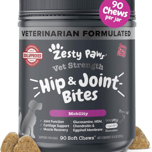 Zesty Paws Vet Strength Mobility Bites Beef & Bacon Flavor Hip & Joint Support Chews for Dogs with Glucosamine, Chondroitin, MSM, Hyaluronic Acid & Serrazimes - 90 Count