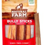 Natural Farm Odor-Free Thick Bully Sticks (6, 5-Pack) All-Natural Long-Lasting Dog Chews, 100% Beef Pizzle, Grass-Fed, Grain-Free, Protein for Muscle Development & Energy, Perfect for Medium Chewers