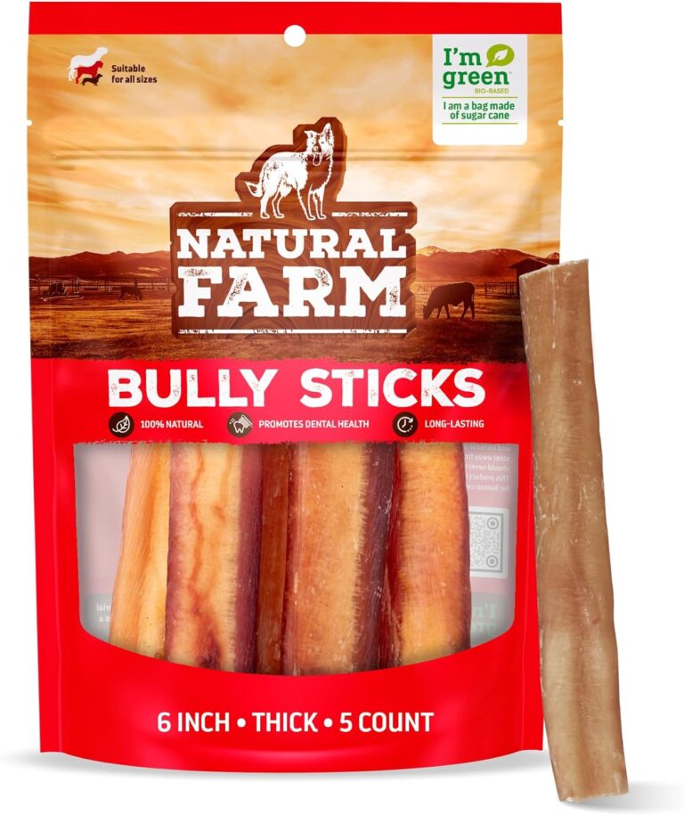 Natural Farm Odor-Free Thick Bully Sticks (6, 5-Pack) All-Natural Long-Lasting Dog Chews, 100% Beef Pizzle, Grass-Fed, Grain-Free, Protein for Muscle Development & Energy, Perfect for Medium Chewers