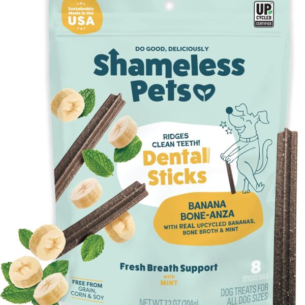 Shameless Pets Dental Treats for Dogs, Banana Bone-Anza - Healthy Dental Sticks with Hip & Joint Support for Teeth Cleaning & Fresh Breath - Chews Free from Grain, Corn & Soy
