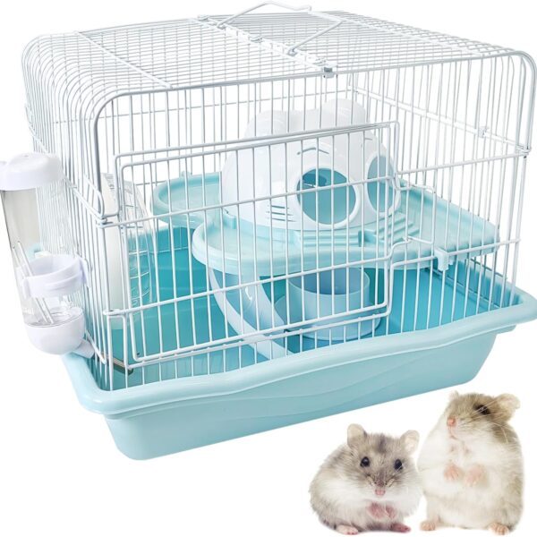 PINVNBY Dwarf Hamster Cage, Small Animal Cages, 2-Tier Travel Portable Mouse Cage Hamster Carrier with Castle House Running Exercise Wheels, Water Bottle and Food DishBlue