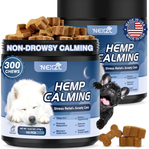 2 Pack Hemp Calming Chews for Dogs 300 Count with Melatonin-Stress & Anxiety Relief Sleep Aid Treats for All Dogs- Fireworks, Thunder, Barking, Separation Vet Approved Made in USA Chicken Flavor