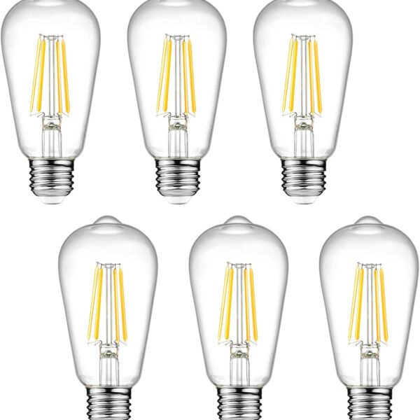 Ascher Dimmable Vintage LED Edison Bulbs, 6W, Equivalent 60W, 700lm, Warm White 2700K, 80+ CRI, ST58 Antique LED Filament Bulbs, E26 Medium Base, Clear Glass, Pack of 6