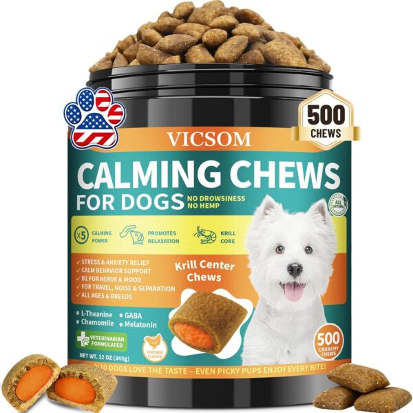 VICSOM Dog Calming Chews - 500 Crunchy Calming Chews for Dogs with Chicken Flavor & Krill Core - Tasty Calm Treats for Dogs, Stress & Anxiety Relief, Separation Anxiety Relief for Dog - All Ages