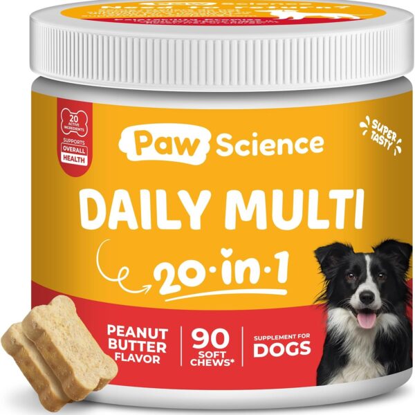 Paw Science Dog Vitamins and Supplements - 20-in-1 Multivitamin Treats for Dogs - Glucosamine, Probiotics, Wild Alaskan Salmon Oil, Chondroitin, MSM & More - Peanut Butter Flavor - 90 Count