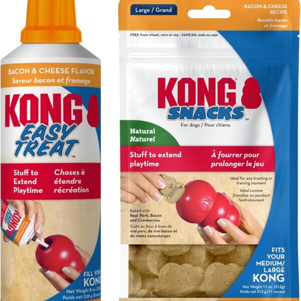 KONG Dog Treats Combo Pack - Includes Bacon/Cheese Snacks & Easy Treat Bacon/Cheese Spray - Toy Filler - for Training, Playtime & More - for Large Dogs