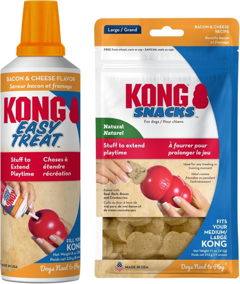 KONG Dog Treats Combo Pack - Includes Bacon/Cheese Snacks & Easy Treat Bacon/Cheese Spray - Toy Filler - for Training, Playtime & More - for Large Dogs