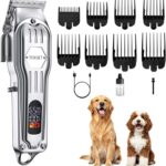 Dog Clippers for Grooming Thick Hair, Upgrade Low Noise Pet Shaver with 8 Size Detachable Combs for Heavy Curly Hair, Rechargeable Metal Blade Clipper Grooming Kit for Dogs Animals (Silvery)