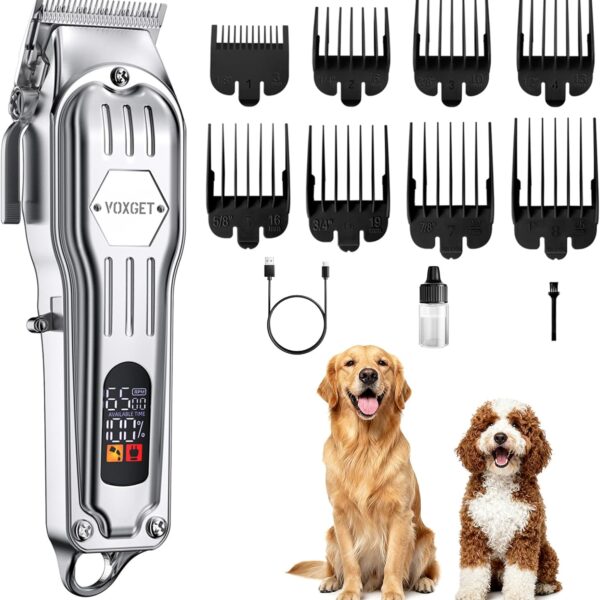 Dog Clippers for Grooming Thick Hair, Upgrade Low Noise Pet Shaver with 8 Size Detachable Combs for Heavy Curly Hair, Rechargeable Metal Blade Clipper Grooming Kit for Dogs Animals (Silvery)