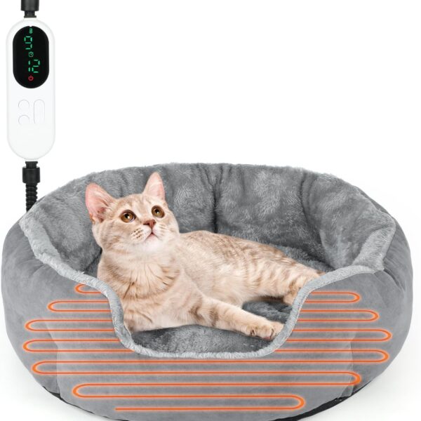 Heated Cat Bed Indoor, 18.5" Soft Heated Pet Bed for Indoor Cats with Timer and Temp Adjustable, Warming Cat Bed Heating Pad for Small to Large Cats Kitten