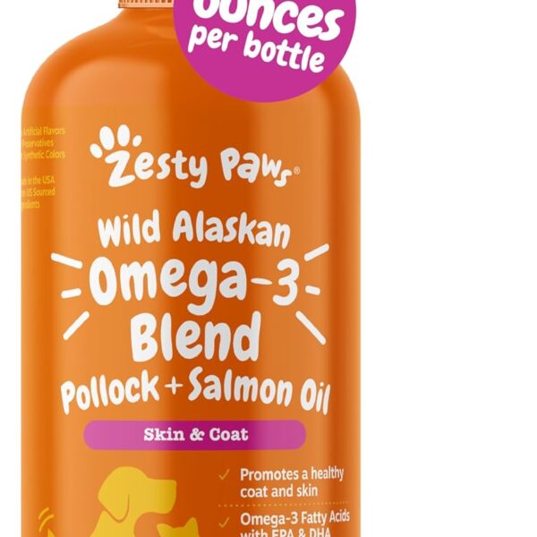 Zesty Paws Wild Alaskan Omega-3 Blend Pollock + Salmon Oil for Dogs and Cats- Skin and Coat Support, Omega 3 Supplement for Pets, 16oz