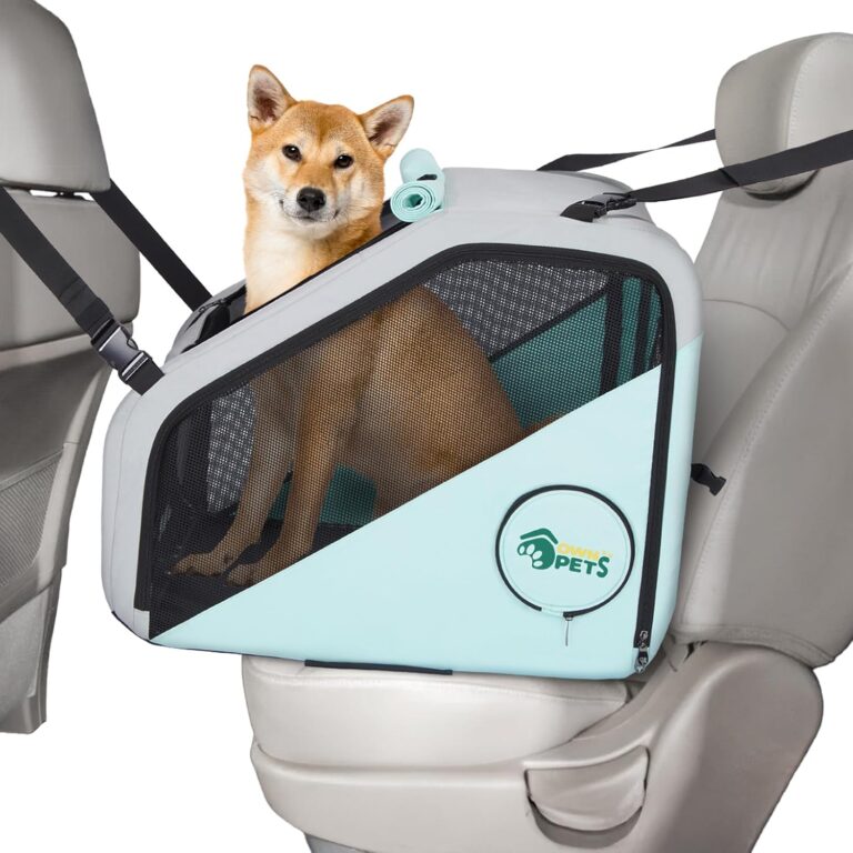 Ownpets Portable Dog Crate for Car, Collapsible Dog Travel Crate for Medium Dogs Up to 66lbs, with Seatbelt and Headrest Strap, Soft Pet Carrier for Car Back Seat, Indoor and Outdoor