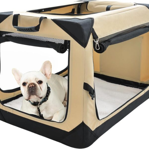 Pettycare 26 Inch Collapsible Foldable Soft Dog Kennel with Chew Proof Mesh Windows, Indoor & Outdoor Travel Dog Crate, Soft Side Dog Crate, Beige