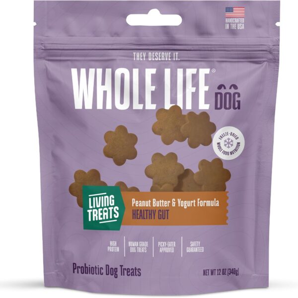 Whole Life Dog Living Treats for Dogs  Human Grade Probiotics for Digestive & Gut Health, Gas, Diarrhea, Vomit & Constipation Relief, Health Supplies - Peanut Butter, 12 oz (Pack of 1)