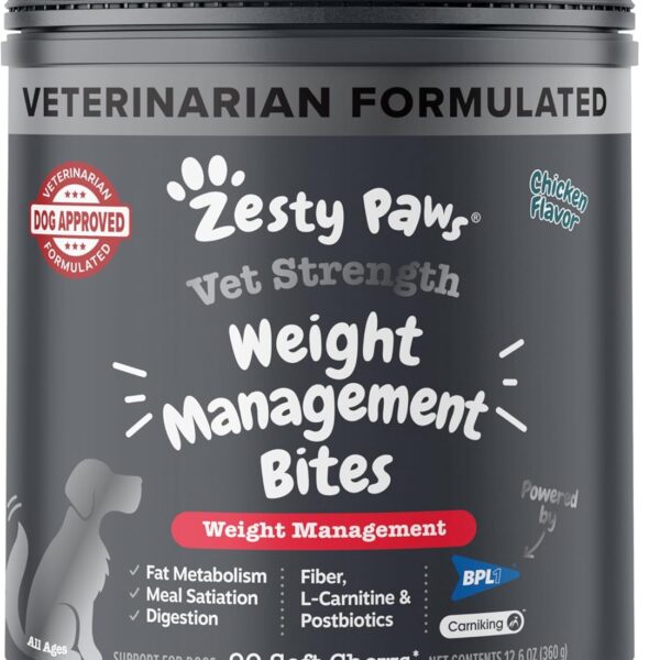 Zesty Paws Weight Management Bites for Dogs - Veterinarian Formulated - Metabolism & Appetite Control - L-Carnitine, Fiber, Postbiotics & B Vitamins - Healthy Weight Dog Supplement - 90 Count