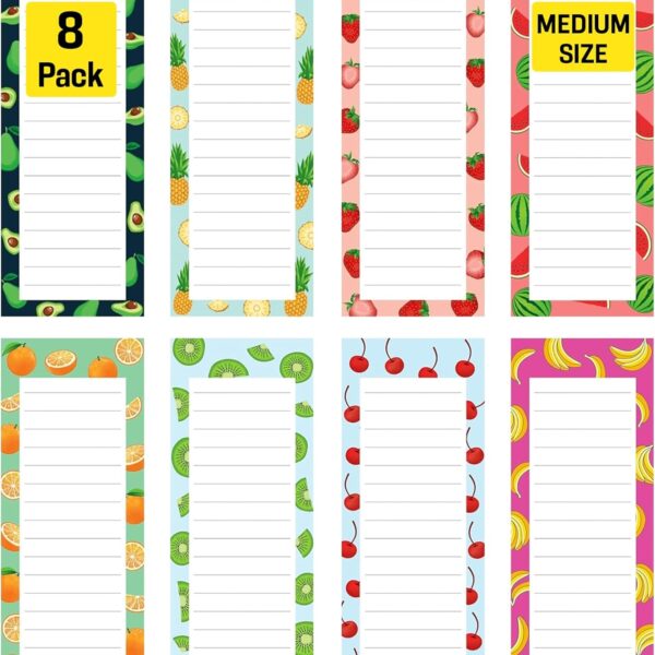8 Magnetic Notepads Notepads for Grocery List, Shopping List, To-Do List, Reminders -Strong Magnetic Back- Memo Notepad with Realistic Fruit Designs | 25 Sheets per Pad 7.5 x 3.5 inch (8 Pack)