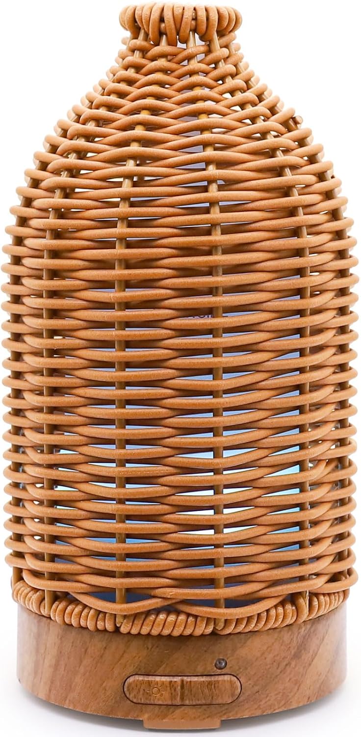 VICTORIA AROMA Essential Oil Diffuser - Multifunction Aromatherapy Diffuser 7 LED Color Changing Light 100ML Rattan Diffuser Easy to Clean Suitable for Home,Office (Tan)