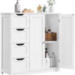 Yaheetech Wooden Bathroom Floor Cabinet, Side Storage Organizer Cabinet with 4 Drawers & Double Doors, Freestanding Entryway Storage Unit Console Table, Bathroom Furniture Home Decor, White
