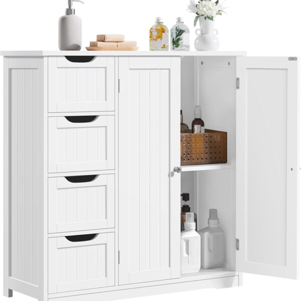 Yaheetech Wooden Bathroom Floor Cabinet, Side Storage Organizer Cabinet with 4 Drawers & Double Doors, Freestanding Entryway Storage Unit Console Table, Bathroom Furniture Home Decor, White