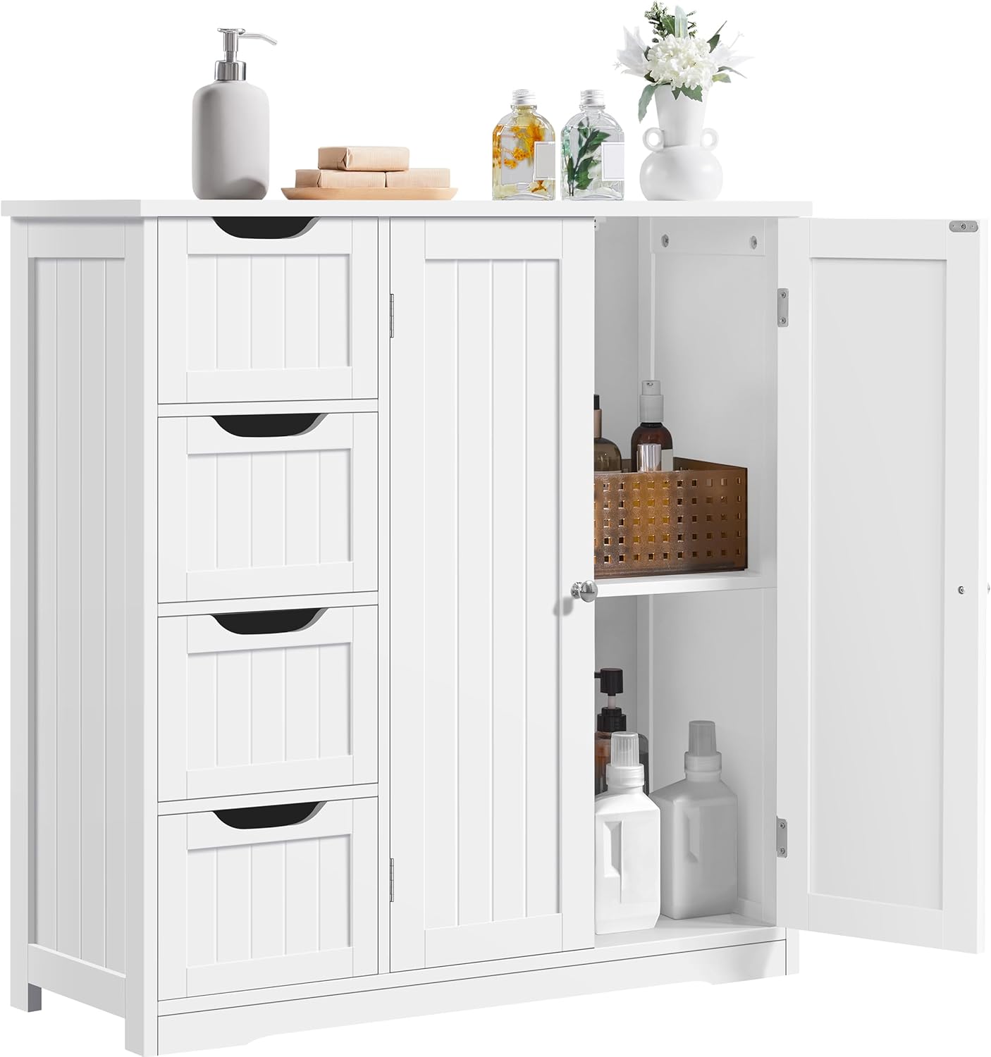 Yaheetech Wooden Bathroom Floor Cabinet, Side Storage Organizer Cabinet with 4 Drawers & Double Doors, Freestanding Entryway Storage Unit Console Table, Bathroom Furniture Home Decor, White Yaheetech Wooden Bathroom Floor Cabinet, Side Storage Organizer Cabinet with 4 Drawers & Double Doors, Freestanding Entryway Storage Unit Console Table, Bathroom Furniture Home Decor, White