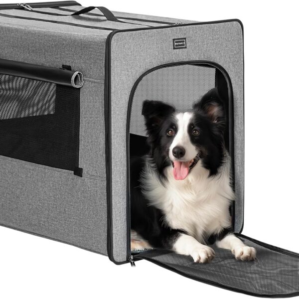 PETSFIT Dog Travel Crate, Soft Dog Crate - 31 Inch with Thicken Mat, Easy to Fold, Sturdy and Portable, Perfect for Traveling, Soft Sided Dog Crate Grey