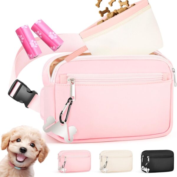 Dog Treat Pouch & Dog Walking Bag,Removable Treat Pouches for Pet Training,Stylish Puppy Walking Fanny Pack with Used Waste Bag Holder,Pink