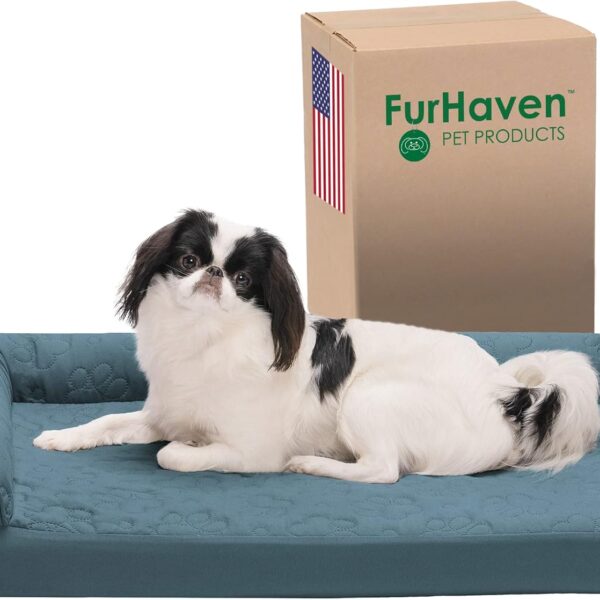 Furhaven Orthopedic Dog Bed for Medium/Small Dogs w/ Removable Bolsters & Washable Cover, For Dogs Up to 35 lbs - Pinsonic Quilted Paw L Shaped Chaise - Bluestone, Medium