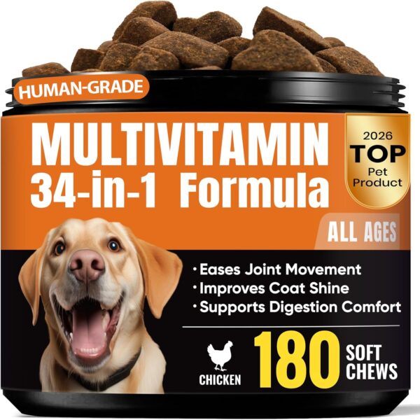 Dog Vitamins & Supplements - 10 Benefits-in-1 Pet Multivitamin Softchews, Daily Dog Supplements for Hip & Joints, Skin & Coat, Immune Health with Glucosamine, Probiotics, Collagen & Fish Oil - 180 ct