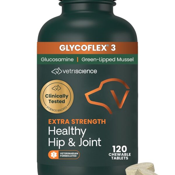 VetriScience Extra Strength Healthy Hip & Joint Chewable Tablets, GlycoFlex Glucosamine and Green-Lipped Mussel Joint Support Supplement for Dogs, Soothe Joint Discomfort, Chicken, 120 Count