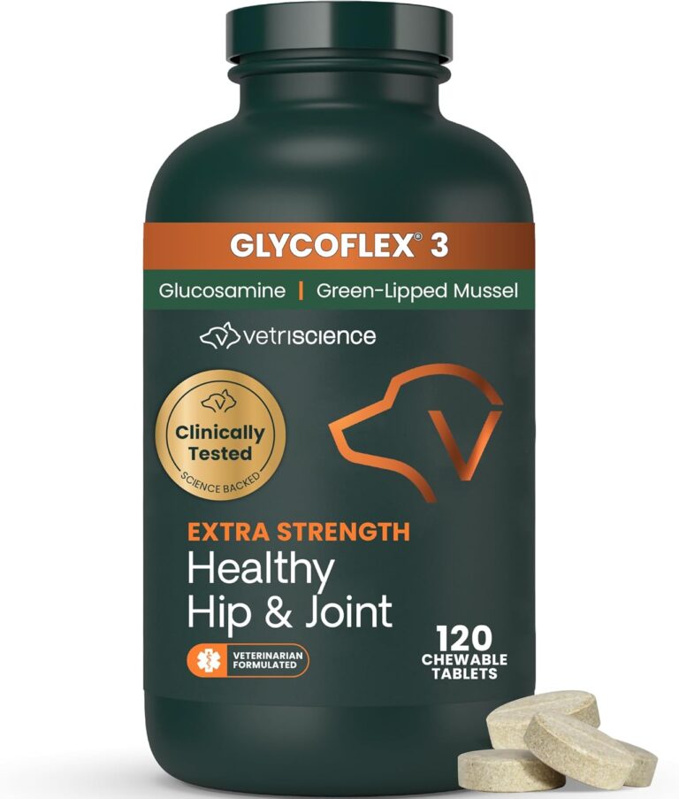 VetriScience Extra Strength Healthy Hip & Joint Chewable Tablets, GlycoFlex Glucosamine and Green-Lipped Mussel Joint Support Supplement for Dogs, Soothe Joint Discomfort, Chicken, 120 Count