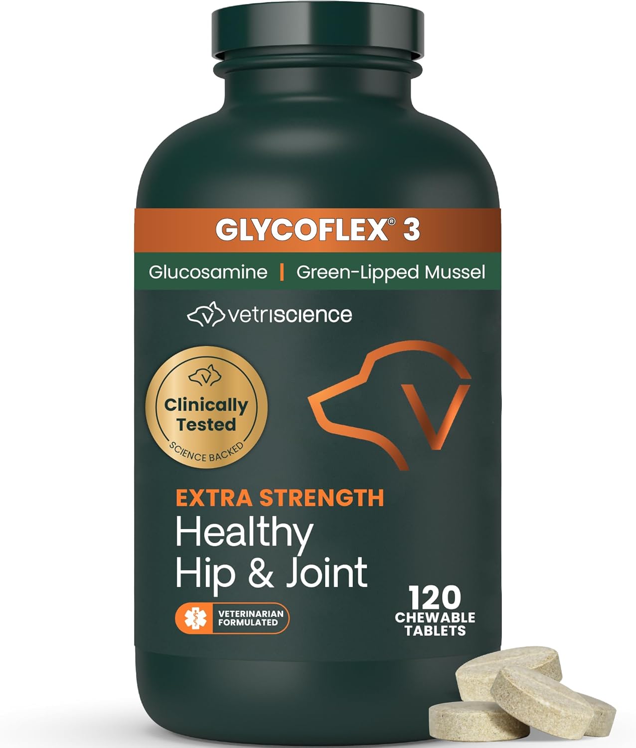 VetriScience Extra Strength Healthy Hip & Joint Chewable Tablets, GlycoFlex Glucosamine and Green-Lipped Mussel Joint Support Supplement for Dogs, Soothe Joint Discomfort, Chicken, 120 Count VetriScience Extra Strength Healthy Hip & Joint Chewable Tablets, GlycoFlex Glucosamine and Green-Lipped Mussel Joint Support Supplement for Dogs, Soothe Joint Discomfort, Chicken, 120 Count