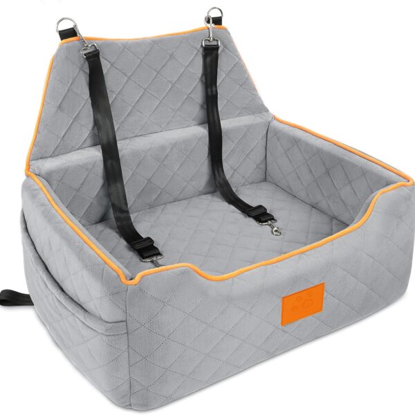 XIEEAOZEE Dog Car Seat for Large/Medium Dog, Booster Seat for Dogs Under 55Lbs or 2 Small Puppy, Detachable and Washable Travel Pet Bed with Thick Cushion and Storage Pockets (Gray)