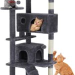 Sweetcrispy 54 Inch Cat Tree Tower, Multi-Level with Cat Scratching Post, Indoor Cat Condo with Climbing Ladder, Plush Toy, Play House for Cat, Dark Grey