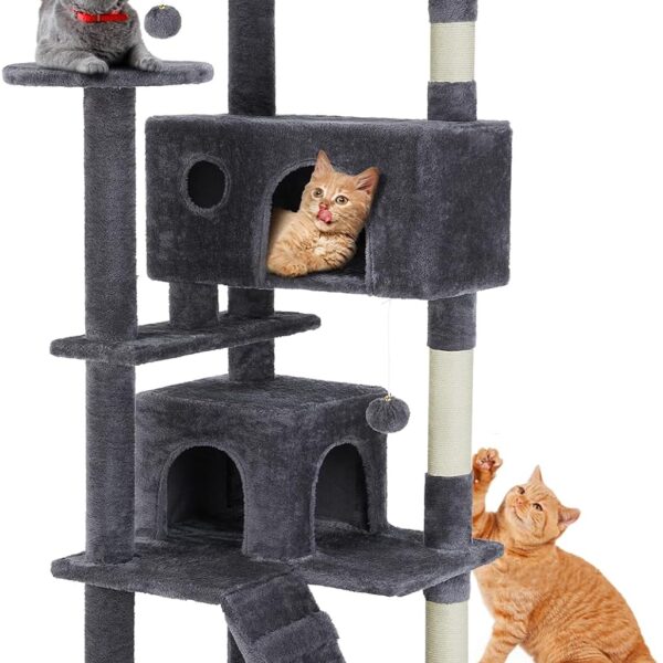 Sweetcrispy 54 Inch Cat Tree Tower, Multi-Level with Cat Scratching Post, Indoor Cat Condo with Climbing Ladder, Plush Toy, Play House for Cat, Dark Grey