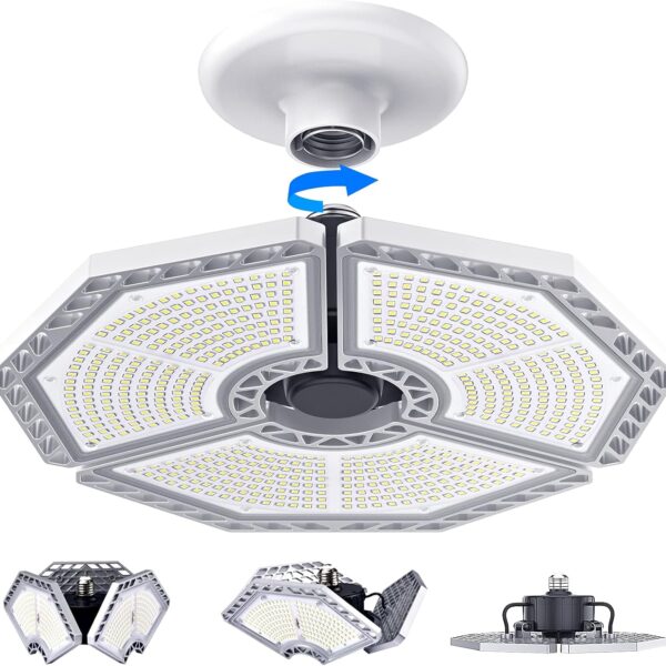 KERNOWO LED Garage Lights, 140W 18500 Lumens Garage Lighting, 6000K Daylight with Deformable Three Panel Ceiling Light Fixture E26/E27 Triple Glow LED Shop Light for Basement Workshop Warehouse