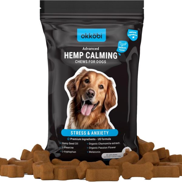 Hemp Calming Chews for Dogs Anxiety 60 pcs - Chicken Flavored - Dog Anxiety Relief - Dog Calming Chews - Melatonin for Dogs - for Stress, Travel, Check-up, Barking or Grooming - Dog Calming Treats