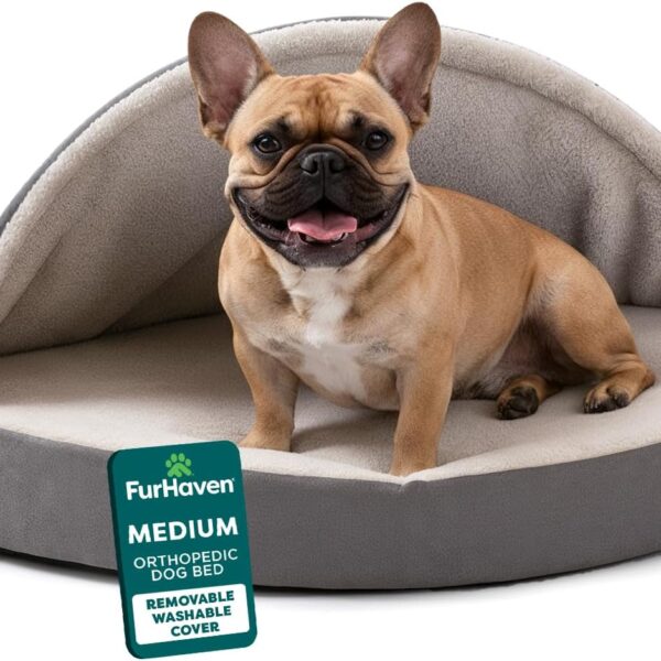 Furhaven 26" Round Orthopedic Dog Bed for Medium/Small Dogs w/ Removable Washable Cover, For Dogs Up to 30 lbs - Sherpa & Suede Snuggery - Gray, 26-inch